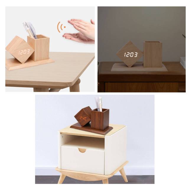 Office Use Wooden Digital Desk Clock With Pen Holder