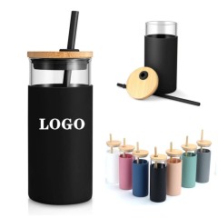 20oz Travel Glass Tumbler with Silicone Sraw and Bamboo Lid