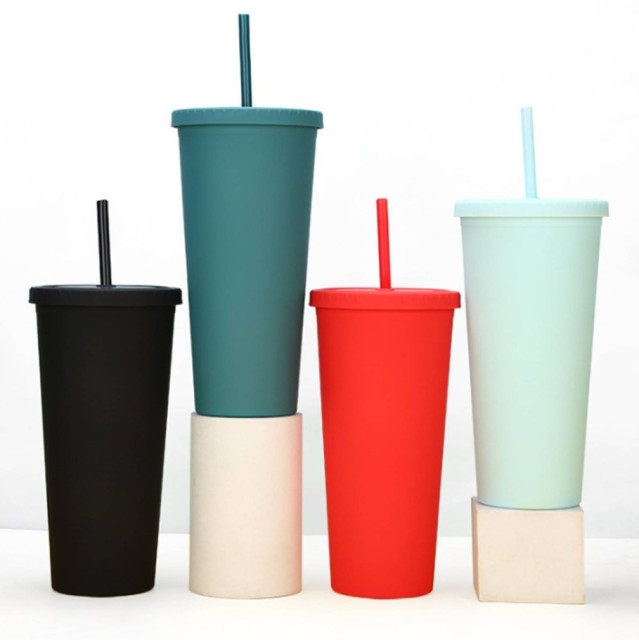 24oz Plastic Tumbler with Lid and Straw