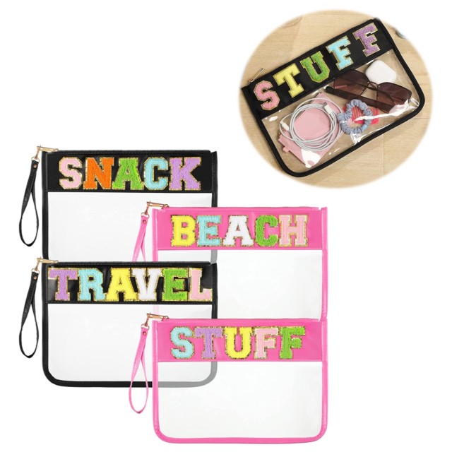 Glitter Chenille Letter Clear Makeup Bag Purse