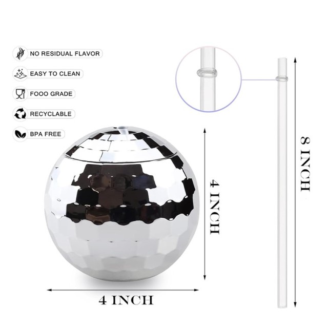 Flash Glittering Disco Cocktail Ball-shaped Cup W/ Straw