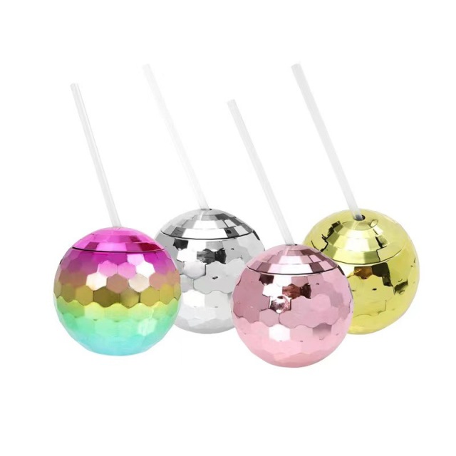 Flash Glittering Disco Cocktail Ball-shaped Cup W/ Straw
