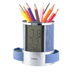 LCD Alarm Clock Time Temperature Display Pencil Pen Holde