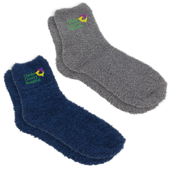 Full Color Soft and Fuzzy Fun Socks - Embroidered/Woven patch/ Woven with repeat stamp LOGO