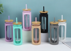 Drinking Glass Tumbler Water Bottle with Plastic Straw Silicone Protective Sleeve 600ml Glasses with Bamboo Lids