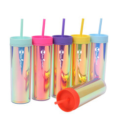 16oz Insulated Plastic Straw Tumbler Iridescent Water Bottle