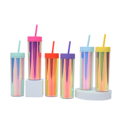 16oz Insulated Plastic Straw Tumbler Iridescent Water Bottle
