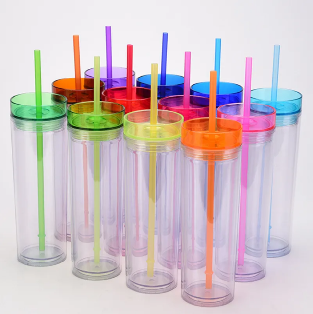 16oz. Transparent Double Wall Acrylic Tumblers with Lids and Straw