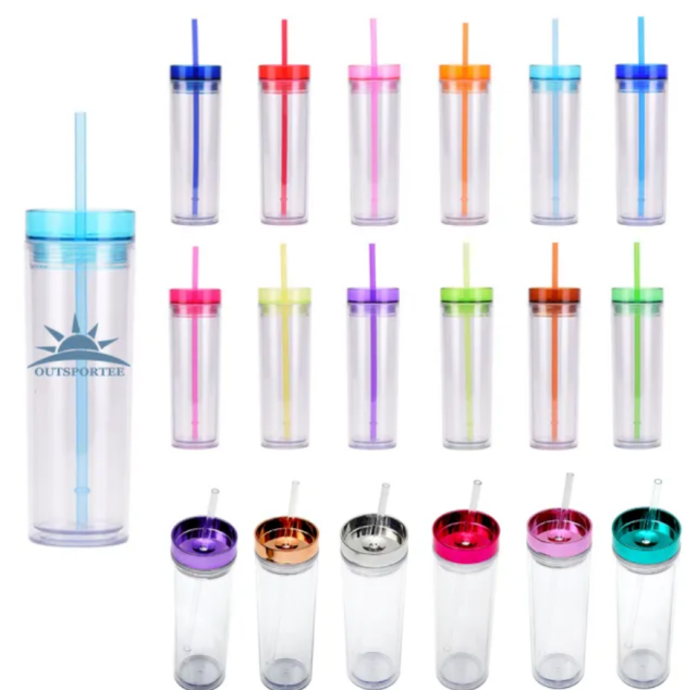 16oz. Transparent Double Wall Acrylic Tumblers with Lids and Straw