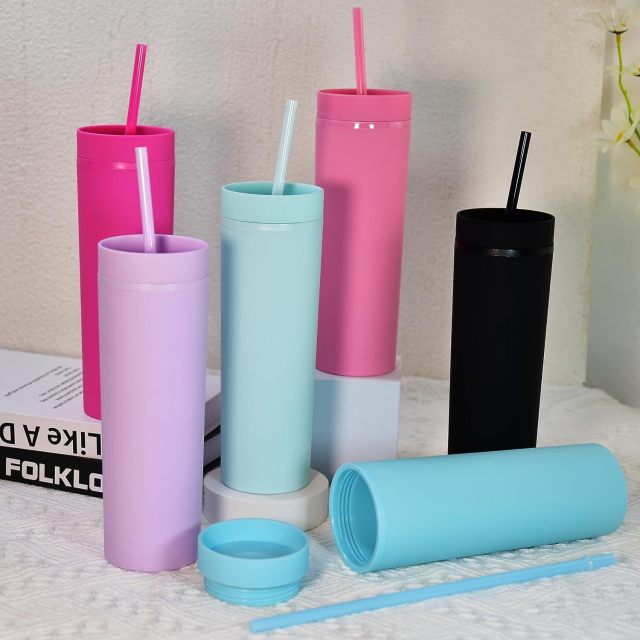 16oz Slim Double Wall Plastic Tumbler with Lid and Straw