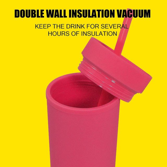 16oz Slim Double Wall Plastic Tumbler with Lid and Straw