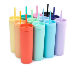16oz Slim Double Wall Plastic Tumbler with Lid and Straw