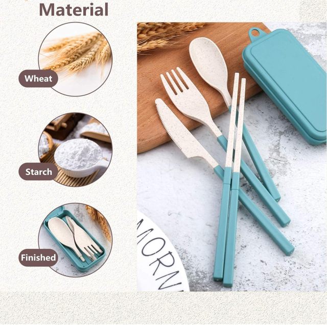 Portable Foldable Travel Utensil Set Wheat Straw Cutlery With Storage Box