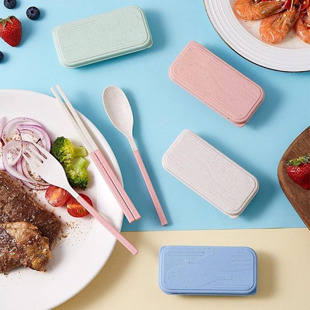 Portable Foldable Travel Utensil Set Wheat Straw Cutlery With Storage Box