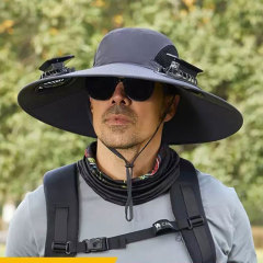 Men Solar Powered Sun Hat Wide Brim W/ USB Windproof Strap