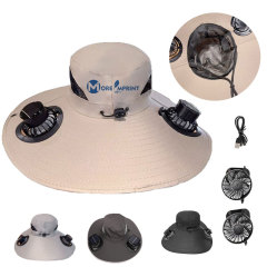 Men Solar Powered Sun Hat Wide Brim W/ USB Windproof Strap