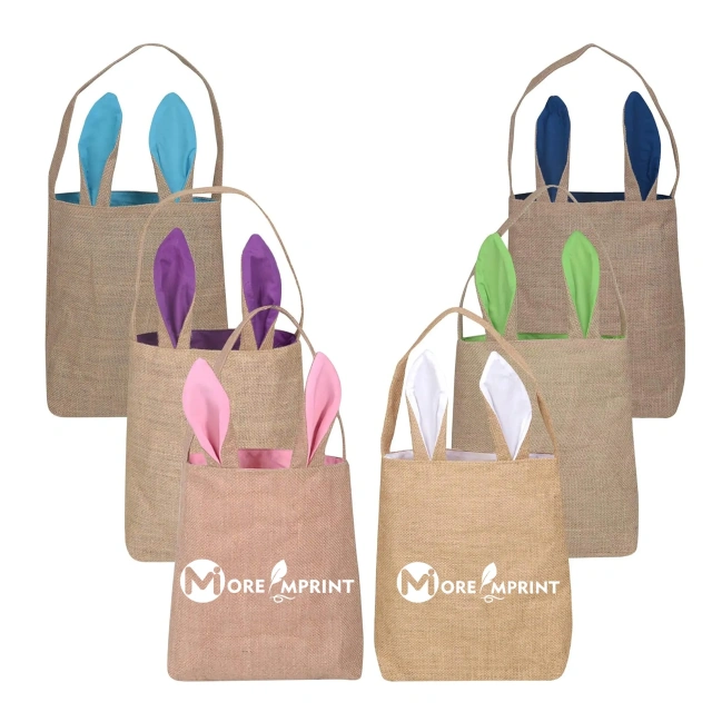 Easter Burlap Jute Tote Bag W/ Bunny Ears for Eggs Hunt