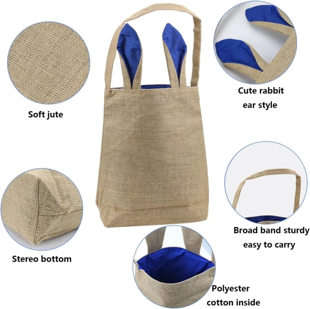 Easter Burlap Jute Tote Bag W/ Bunny Ears for Eggs Hunt