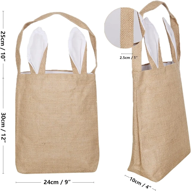 Easter Burlap Jute Tote Bag W/ Bunny Ears for Eggs Hunt