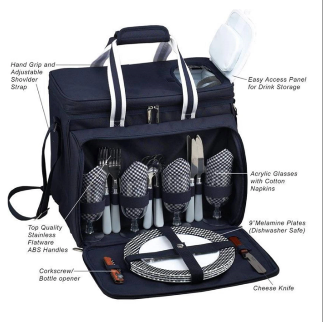 Portable Picnic Backpack for 4 Person W/ Insulated Cooler