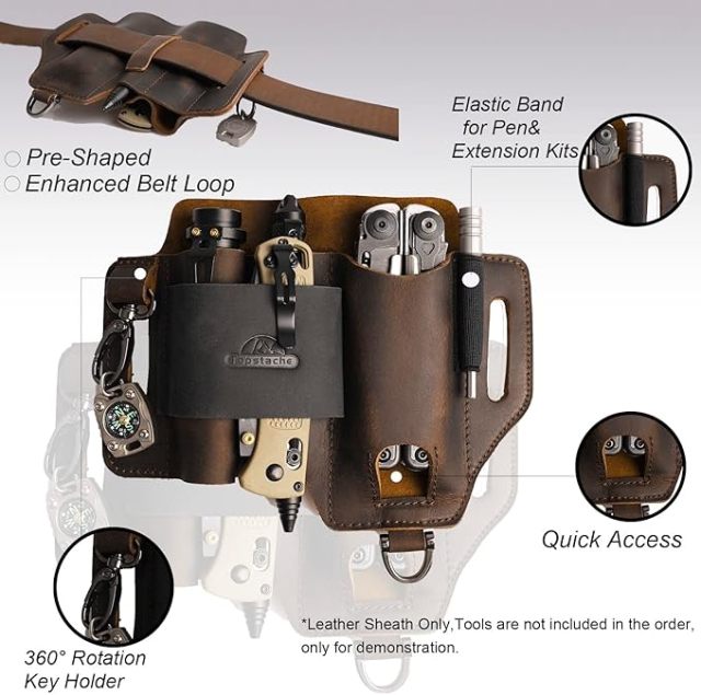 Men Multi-tool Leather Sheath EDC Pocket Organizer Storage Belt With TOOLS