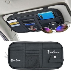 Car Visor Organizer, Truck SUV Sun Visor Storage Pocket PU Leather Pouch Holder with Multi-Pocket Double Zipper Net Pocket, for Cards Pens Sunglasses Document (Black)