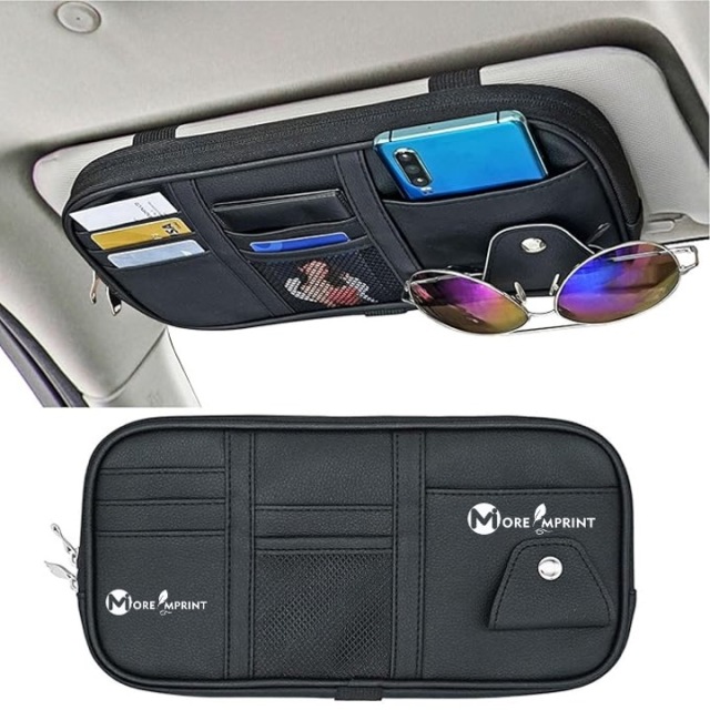 Car Visor Organizer, Truck SUV Sun Visor Storage Pocket PU Leather Pouch Holder with Multi-Pocket Double Zipper Net Pocket, for Cards Pens Sunglasses Document (Black)