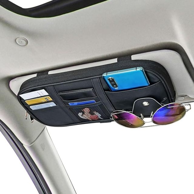 Car Visor Organizer, Truck SUV Sun Visor Storage Pocket PU Leather Pouch Holder with Multi-Pocket Double Zipper Net Pocket, for Cards Pens Sunglasses Document (Black)