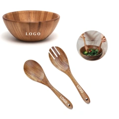3Psc Large Wooden Salad Bowl Set with Spoon and Fork