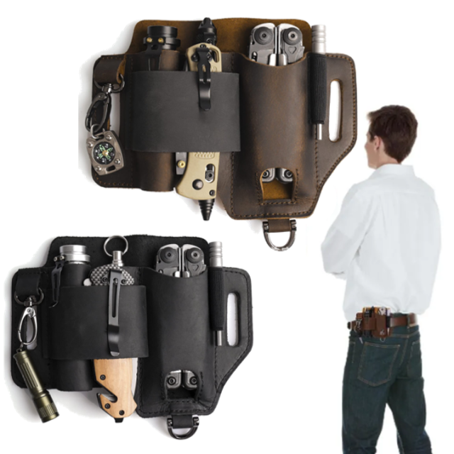 Men Multi-tool Leather Sheath EDC Pocket Organizer Storage Belt With TOOLS