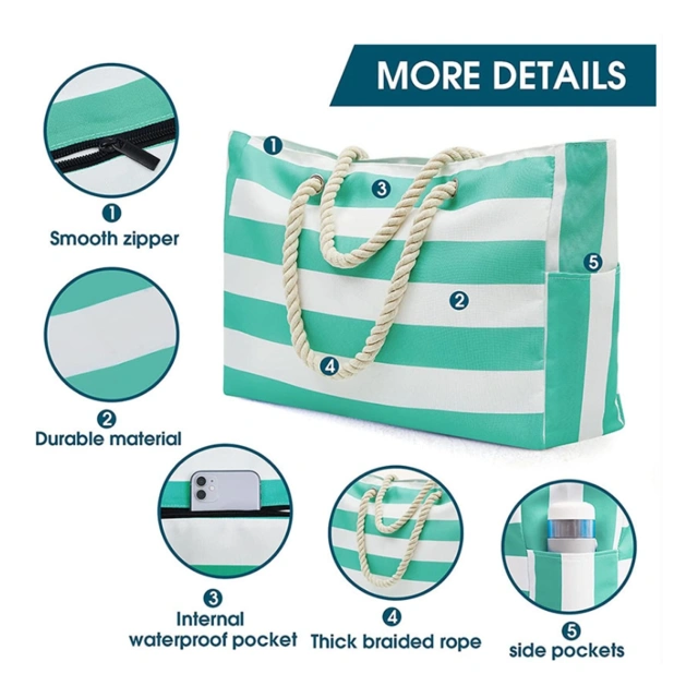 26L Canvas Waterproof Beach Tote Travel Large Zippered Bag