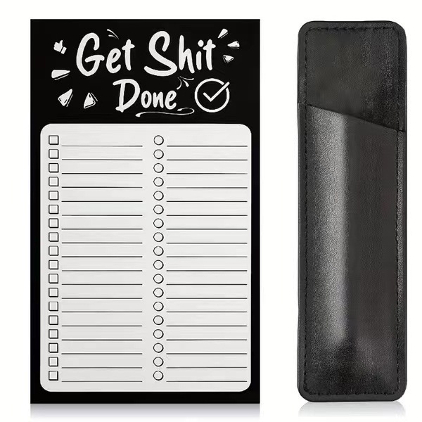 Magnetic Fridge Note Pad List w/ PU Leather Pen Holder Marker Pouch