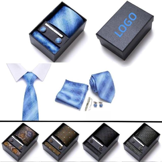 Mens Necktie Pocket Squares Tie Clips Cufflinks Gift Box Set