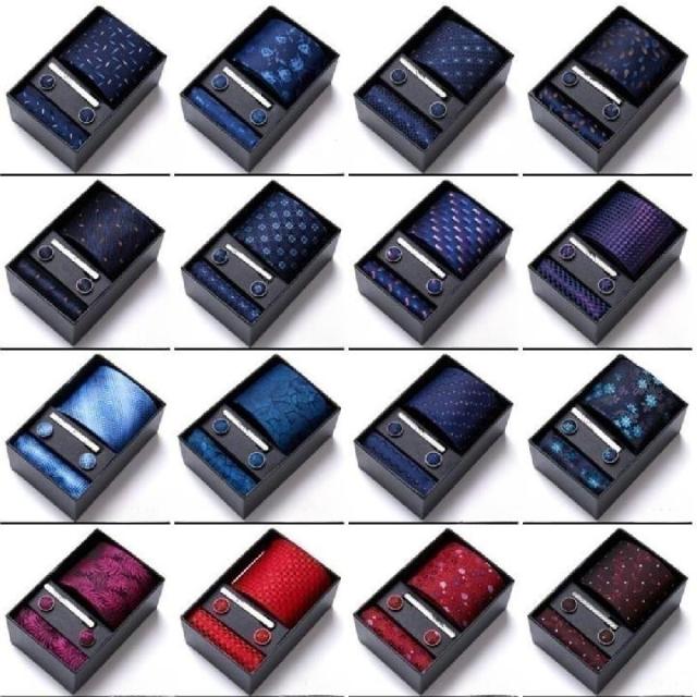 Mens Necktie Pocket Squares Tie Clips Cufflinks Gift Box Set