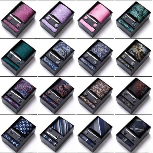 Mens Necktie Pocket Squares Tie Clips Cufflinks Gift Box Set