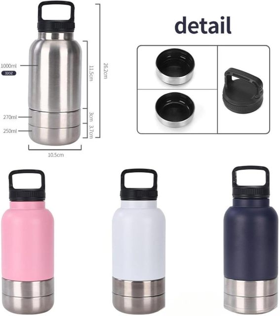 3 In 1 Steel Travel Water Handle Bottle w/ 2 Bowls for Pet