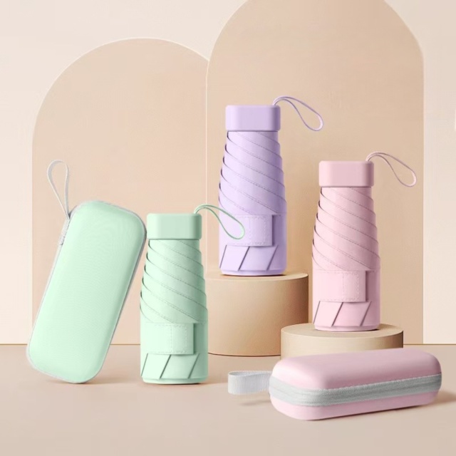 6 Ribs Folding Flat Mini Travel Sun Umbrella with Case