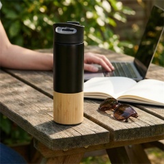 17 Oz Bamboo Travel Tumbler Steel Handle Insulated Mug