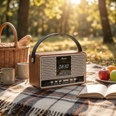Retro Wood Frame Bluetooth Speaker w/ Digital Clock Handle