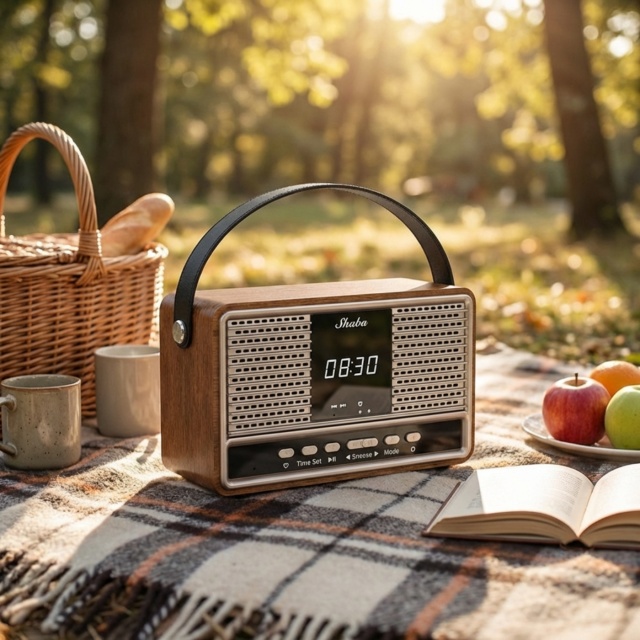 Retro Wood Frame Bluetooth Speaker w/ Digital Clock Handle