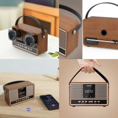 Retro Wood Frame Bluetooth Speaker w/ Digital Clock Handle