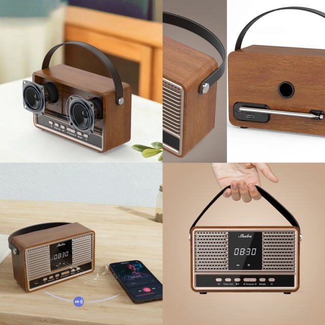 Retro Wood Frame Bluetooth Speaker w/ Digital Clock Handle