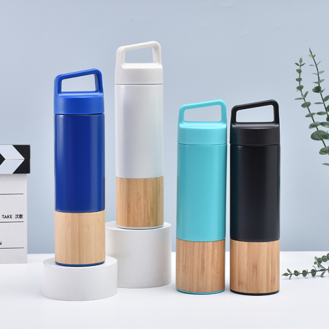 20oz Bamboo Vacuum Water Bottle Carry Handle Insulated Flask