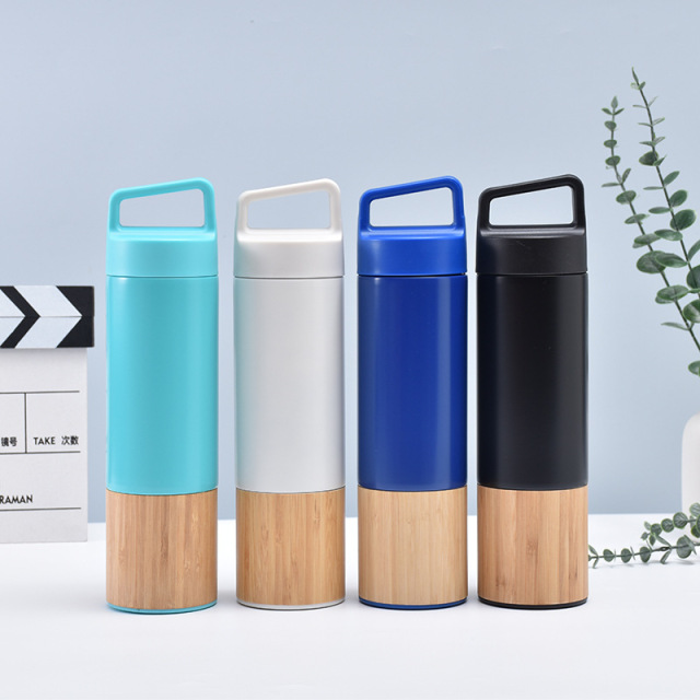20oz Bamboo Vacuum Water Bottle Carry Handle Insulated Flask
