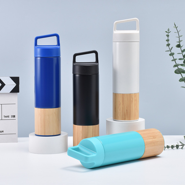 20oz Bamboo Vacuum Water Bottle Carry Handle Insulated Flask
