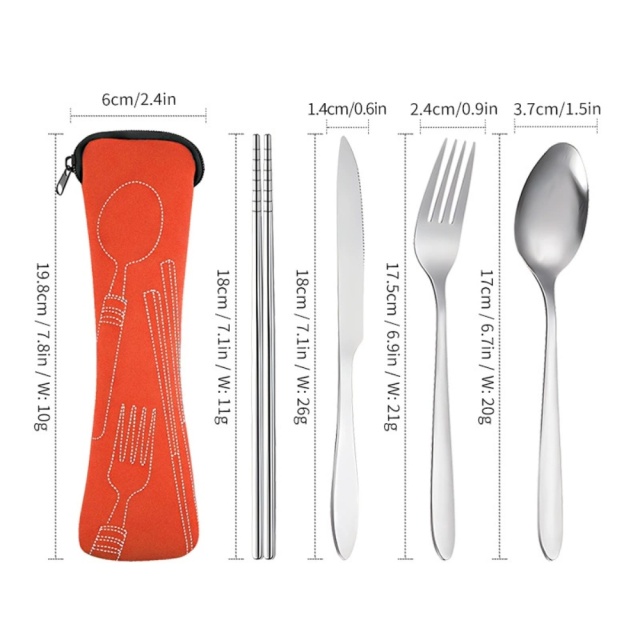 4 Piece Stainless Steel Travel Cutlery Set w/ Neoprene Pouch
