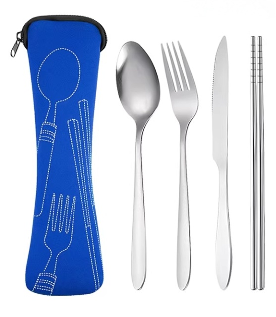 4 Piece Stainless Steel Travel Cutlery Set w/ Neoprene Pouch