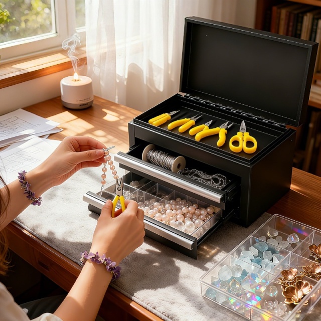 Mini Metal Tool Box with 2 Drawers and Top Storage