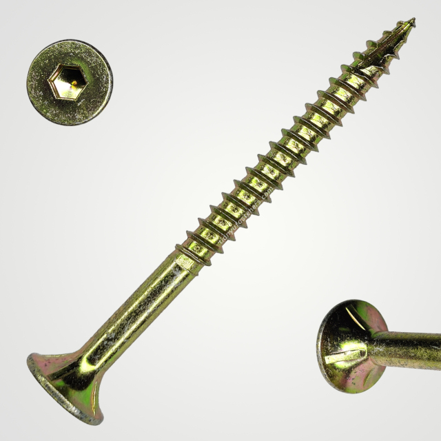 Tianyu Yellow Zinc Plated Csk Head with Ribbed in Hex Drive Type-17 Point for Wood Cutter Chipboard Timber Screw