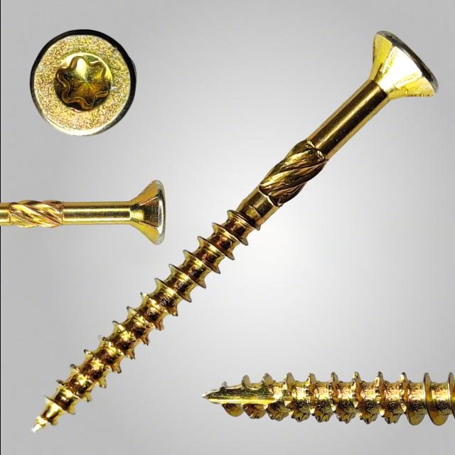 Tianyu Yellow Zinc Plated Type 17 Double CSK Head with Ribbed TX Star Drive Shark Tooth Knurled Shank for Chipboard Timber Screw